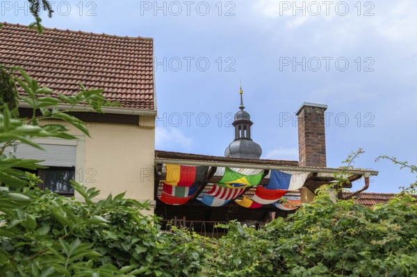 International flags stretched on a balcony, Bavaria, Germany