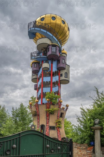Tower of the Kuchlbauer brewery, designed by the artist Friedensreich Hundertwasser, Römerstr, 5-9, Abensberg, Lower Bavaria, Germany