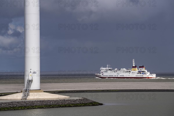 The North Sea car ferry Münsterland, departs from the ferry harbour of Eemshaven, in the Ems estuary, ferry to the German North Sea island of Borkum, by AG Ems Nederland B.V., Borkumlijn, Netherlands