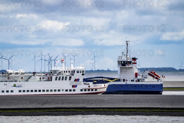 The North Sea car ferry Münsterland, arrives in the ferry harbour of Eemshaven, in the Ems estuary, ferry to the German North Sea island of Borkum, by AG Ems Nederland B.V., Borkumlijn, Netherlands