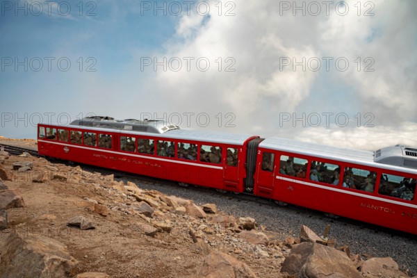 Colorado Springs, Colorado - The Manitou and Pikes Peak Railway at the summit of Pikes Peak. The cog railway takes tourists to the summit of the 14, 115-foot mountain