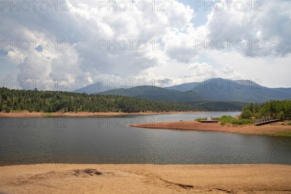 Colorado Springs, Colorado - Crystal Reservoir on Pikes Peak. The reservoir stores water for Colorado Springs, piped 70 miles from the Blue River near Breckenridge. Colorado Springs has a dry climate, getting only 15 inches of rainfall a year