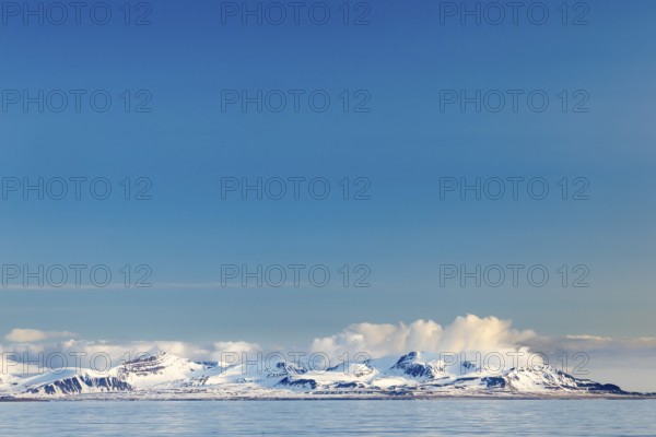 Mountain range, snow, sea, Spitsbergen, Svalbard