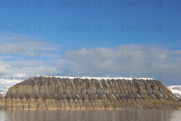 Mountain range, sedimentary rocks, snow, sea, Spitsbergen, Svalbard