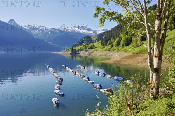 Motorboats moored at the reservoir, snow-covered Alps in the background, Lake Wägital, Canton Schwyz, Switzerland