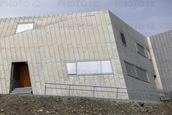 Sysselmesteren på Svalbard, silver facade, police building, Longyearbyen, Spitsbergen, Svalbard