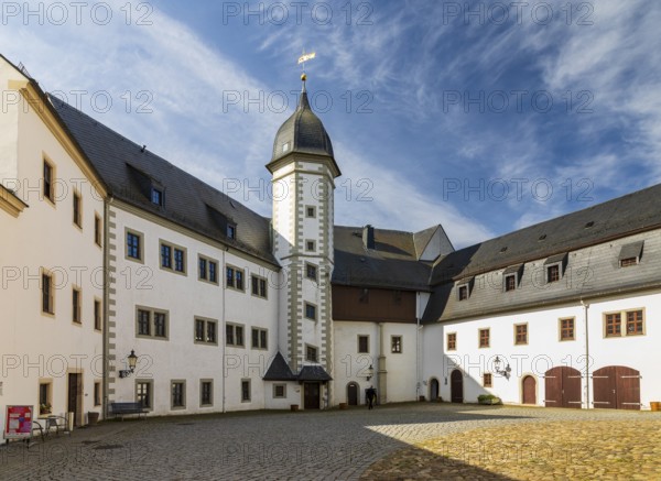Castle courtyard with stair tower Schlanke Margarete, Wildeck Castle in Zschopau, Erzgebirge, Saxony, Germany