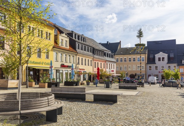 Neumarkt with maypole, Zschopau, Erzgebirge, Saxony, Germany
