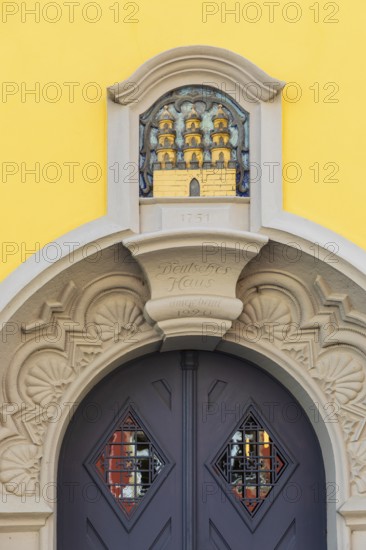 Portal with town coat of arms on the Old Town Hall at Neumarkt, Zschopau, Erzgebirge, Saxony, Germany