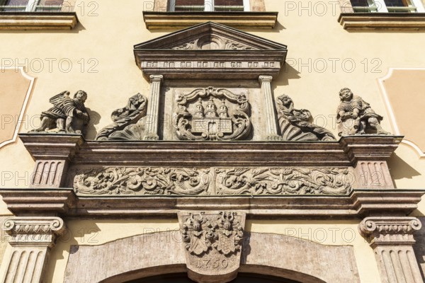 Portal on the New Town Hall with town coat of arms and date from 1750, Zschopau, Erzgebirge, Saxony, Germany