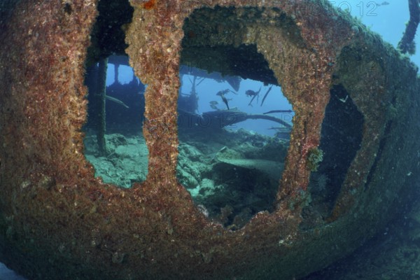 View through the large windows of a shipwreck under water in bright light. Dive site wreck of the Condesito, Las Galletas, Tenerife, Canary Islands