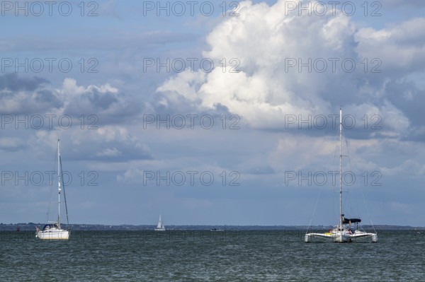 Boats on sea over Knoll Beach Studland, Poole, Dorset, England, United Kingdom