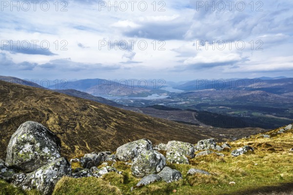 View from Nevis Range Mountains, Grampian Mountains, Fort William, Highland, Lochaber, Scotland, UK