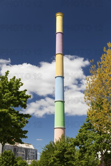 Art project by Daniel Buren, colourfully designed chimney at power plant Nord, also known as Buntstift, the tallest building in Saxony, Chemnitz, Saxony, Germany