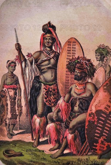 Zulu warrior, colonialism, discriminatory term of the English for the indigenous population, discrimination, oppression, colonial rule, British Empire, Victorian era, 19th century, headdress, spear, loincloth, leg ornament, shields, barefoot, coloured drawing, South Africa, historical illustration 1877