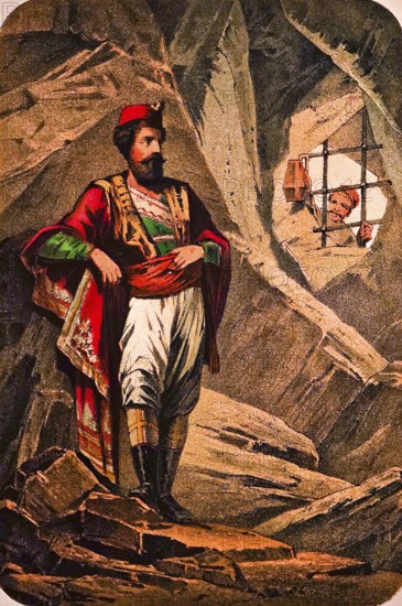 The Red Montegrin stands locked up in a rocky cave, captivity, narrative, man of high descent in valuable clothing, cloak, leather boots, proud look, bars, guard with lantern, coloured drawing, Montenegro, historical illustration 1877