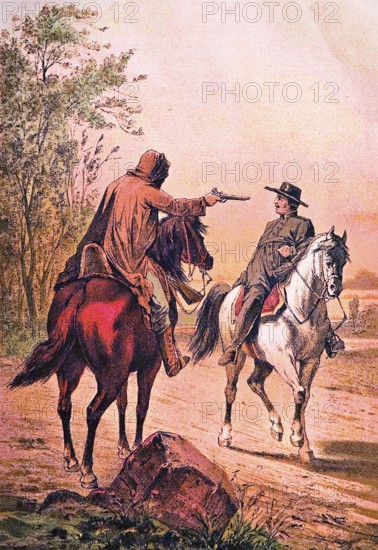 Robbery in the open countryside, dangerous encounter between a Quaker and a highwayman on horseback, grey horse, rider, member of a Christian community, threat with a pistol, robbery, coloured drawing, historical illustration 1877