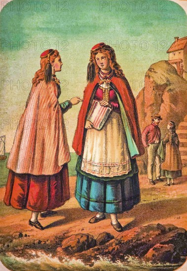 Icelandic woman in traditional traditional costume, headgear, apron, cloak, dress, holding paper in her hands, possibly a certificate, man and woman in conversation, scene at the North Sea, rocky coast, stairs, house, Iceland, coloured drawing, historical illustration 1877
