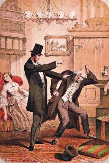Wrong paternal care, father forbids a wedding, future bridegroom becomes violent, rich family, festive clothes, top hat, living room, chandelier, ornamentation, armchair with fainting bride, quarrel, fight, old man, young couple, horror, coloured drawing, historical illustration 1877