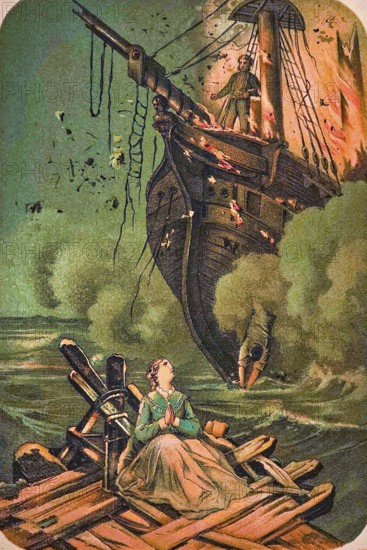 On the high seas, pirate's son saves young woman from drowning, shipwreck, destruction, pirate ship, woman prays, narrative, coloured drawing, historical illustration 1877