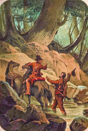 Travel adventure on the Oregon, conquest and settlement of the American West, 19th century, forest, rocks, two settlers crossing river, horses, rifle, hat, leather clothing, coloured drawing, North America, historical illustration 1877