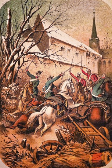 Deadly battle in the village, horsemen in uniform, soldiers with swords, destroyed wooden wagon, village church, coloured drawing, historical illustration 1877
