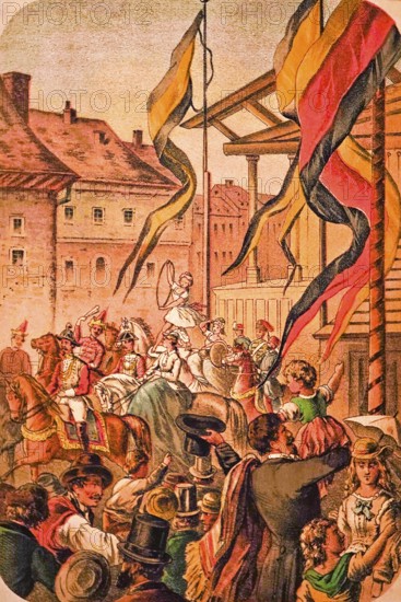 The child of the tightrope walker performs tricks, stands on the horse, jumping ring, chapel, cityscape, men in uniform, big celebration, cheering, flags waving, population in enthusiasm, show performance, coloured drawing, historical illustration 1877