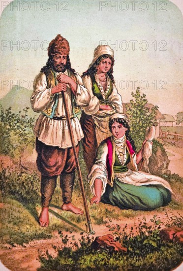 Bulgarian man and two woman working in the field, agriculture, farm, traditional clothing, smock, headscarf, dress, cap, barefoot, spindle, rake, bed, serious look, coloured drawing, Bulgaria, historical illustration 1877