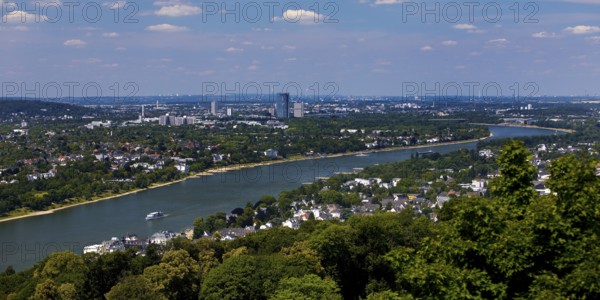 The Rhine with a view towards Bonn seen from the Drachenfels, Siebengebirge, Koenigswinter, North Rhine-Westphalia, Germany