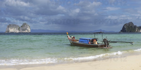 Longtail boat on the beach, Koh Ngai Island, Andaman Sea, Satun Province, Southern Thailand, Thailand