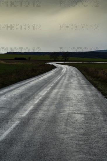 A winding road stretches through green fields under a cloudy sky, showcasing the beauty of the landscape with distant mountains in view. Auvergne. France
