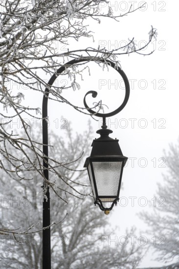 A decorative street lantern hangs from an ornate pole, surrounded by trees covered in frost. Aubrac, France