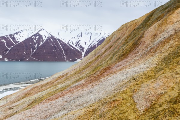 Discoloured rock, sinter, mountain range, sea, Jotunkjeldene, Spitsbergen, Svalbard