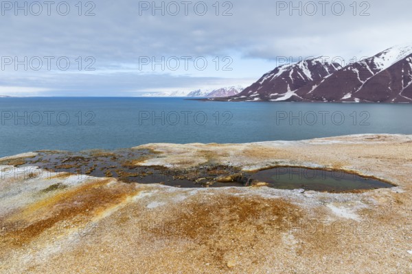 Hot spring, discoloured rock, sinter, mountain range, sea, Jotunkjeldene, Spitsbergen, Svalbard