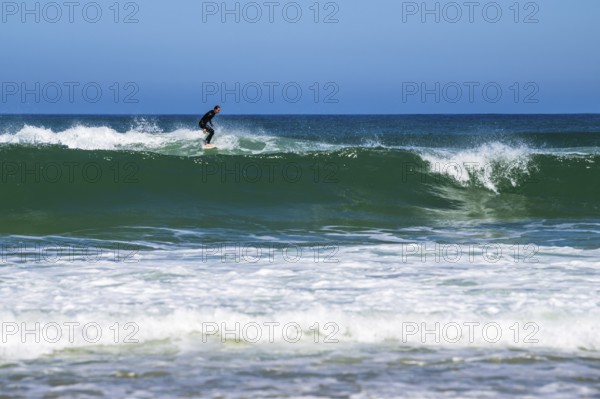 Surfer riding a wave on Contis beach, Saint Julien en Born, Saint-Julien-en-Born, Landes, France