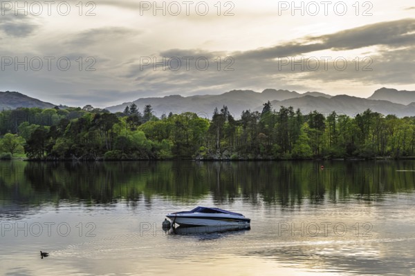 Boats on Windermere Lake and mountains, Ambleside, Lake District, Cumbria, England, United Kingdom