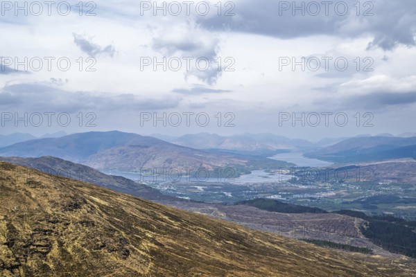 View from Nevis Range Mountains, Grampian Mountains, Fort William, Highland, Lochaber, Scotland, UK
