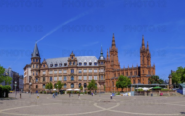 Market Square with New Town Hall, Protestant Market Church, Wiesbaden, Hesse, Germany