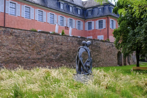 Lobdengau Museum, with sculpture La Protection, on the banks of the Neckar, Ladenburg, Rhine-Neckar district, Baden-Württemberg, Germany