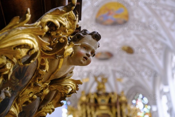 Angel on the pulpit, Maria Himmelfahrt parish church, Landsberg am Lech, Upper Bavaria, Bavaria, Germany