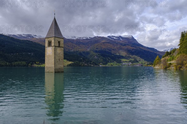 Church tower in Lake Reschen, Graun, Reschen, Vinschgau, South Tyrol, Alto Adige, Italy