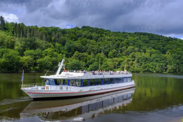 Excursion boat on the Rursee, Rursee boat trip, Rur dam, Rur reservoir, Einruhr, North Eifel, Eifel, North Rhine-Westphalia, Germany