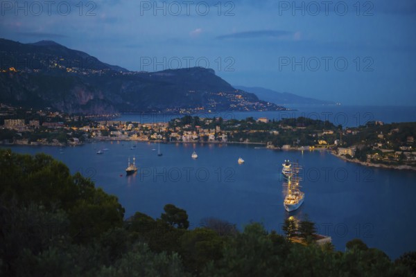 Panorama, blue hour, sunset, view from Mont Boron, Saint-Jean-Cap-Ferrat, Cap Ferrat, Alpes Maritimes, Provence Alpes Cote d'Azur, French Riviera, South of France, France