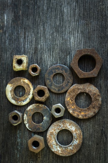 Various rusty nuts are scattered across an old wooden surface, revealing their distinct shapes and weathered textures. Each piece tells a story of time and exposure
