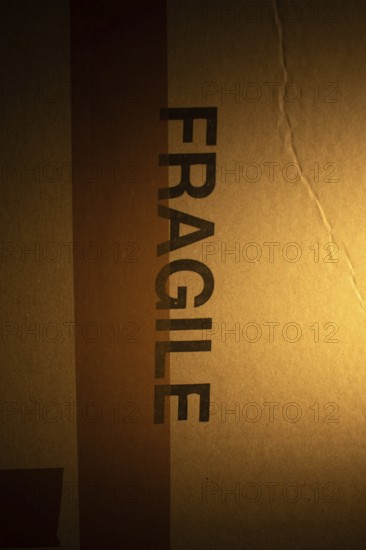 A cardboard package with a clear warning label indicating fragile contents is softly illuminated, emphasizing the need for careful handling due to potential delicate items inside
