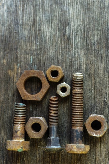Various sizes and shapes of rusty bolts and nuts are displayed on a weathered wooden surface. Soft natural light enhances the vintage aesthetic of the arrangement