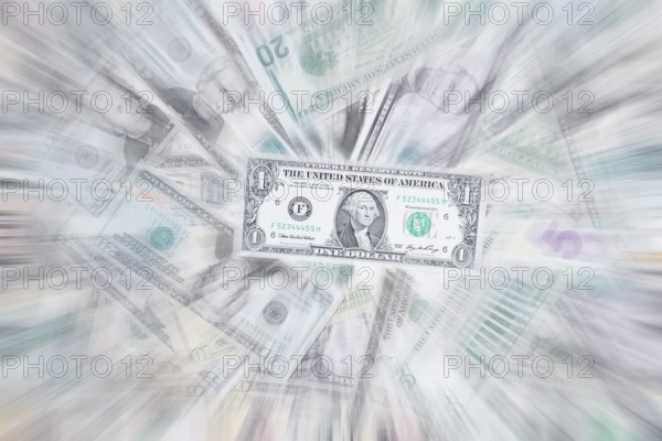Various US dollar notes in a pile, banknotes, zoom effect