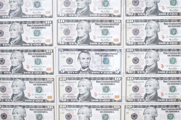 US dollar notes, 10 dollars, 5 dollars, banknotes, zoom effect