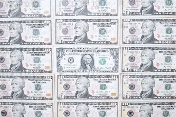 US dollar notes, 10 dollars, 1 dollar, banknotes