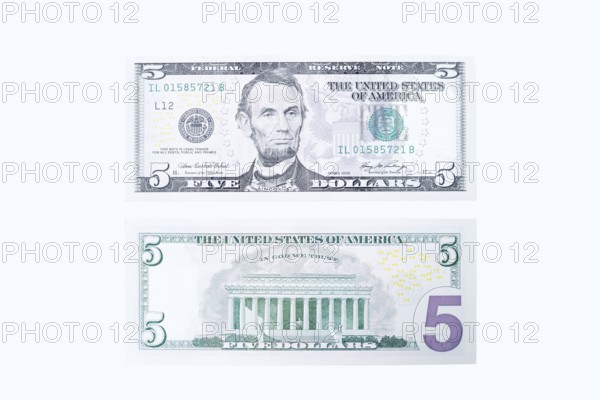 5 US dollar notes, 5 dollar banknotes on white background